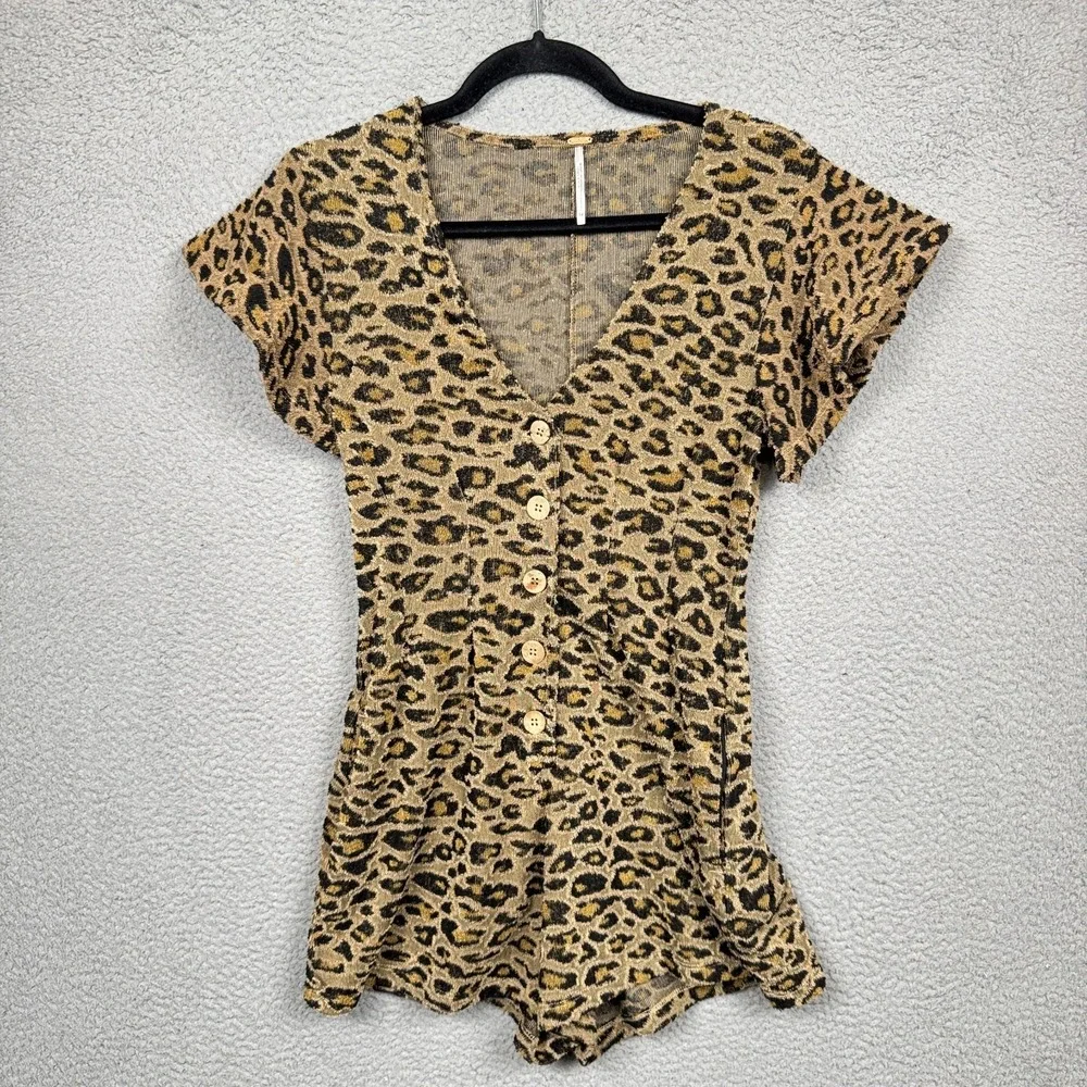 Free People Romper Women XS Brown Leopard Cheetah Print Jumpsuit Terrycloth Boho - Picture 3 of 14